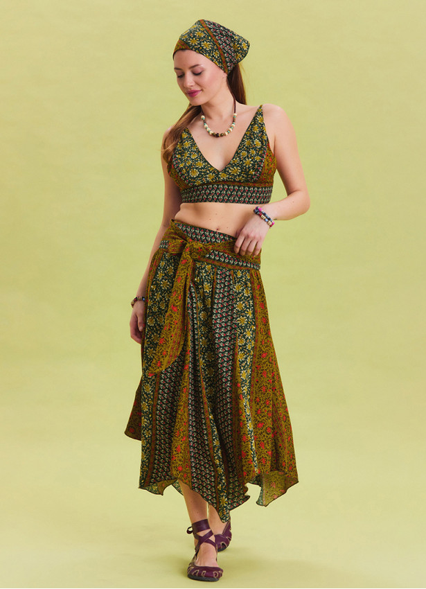 Green Patterned Asymmetrical Skirt with Gipe Detail and Tied Waist 4503